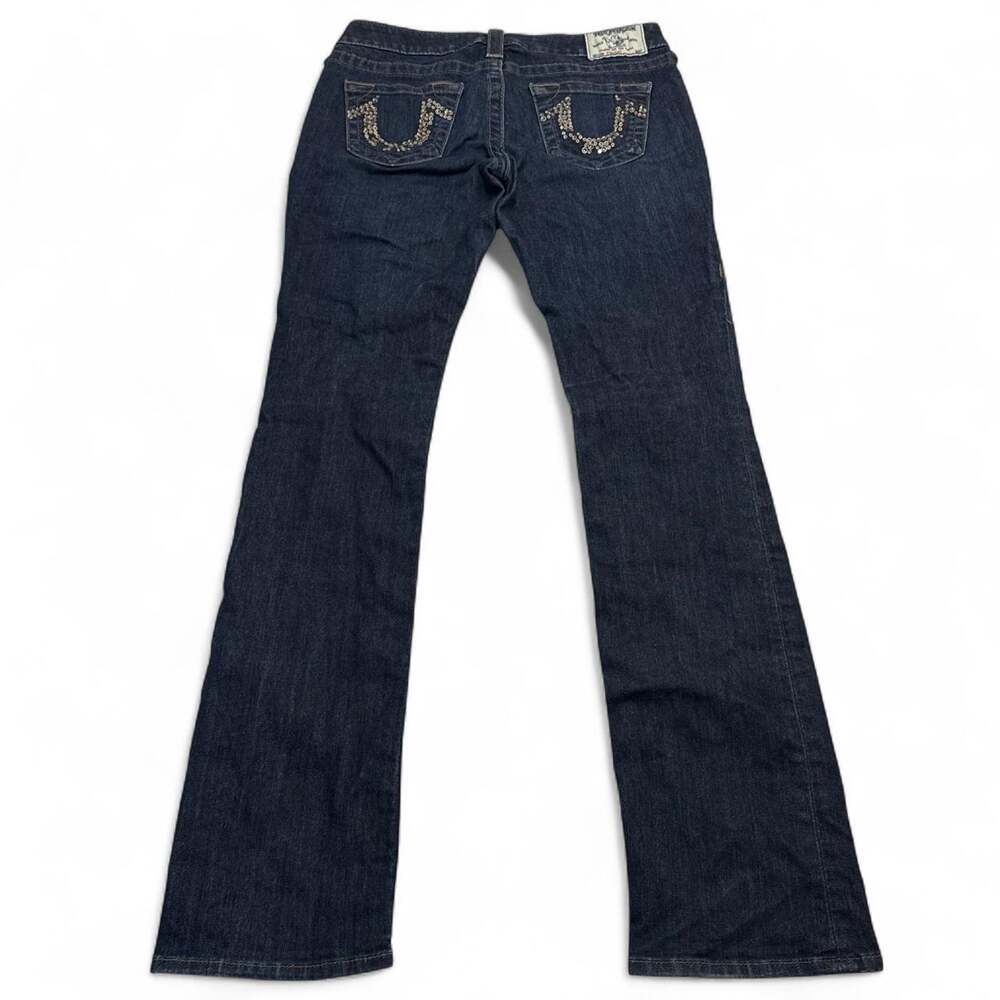 True Religion low rise bootcut jeans rhinestone pockets in navy blue, size 27